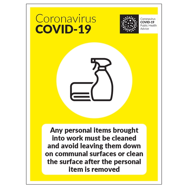 COVID19 Personal Items Into Work Must Be Cleaned Sign